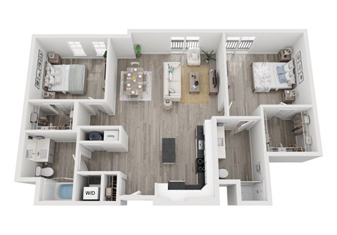 Floor plan for 2 beds, 2 baths, 1277 sqft